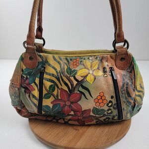Anna Anuschka Butterfly Painted Leather Shoulder Tote Bag Satchel Purse Handbag